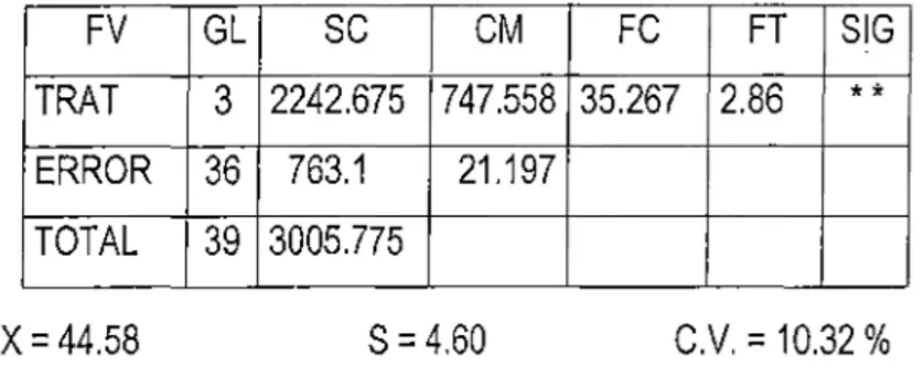 Cuadro  No  1:  Análisis  de  Variancia  de  la  altura  de  plantas  de  cebolla  (cm)  a la  madurez fisiológica,  crecidos con  diferentes volúmenes  de  agua,  en  condiciones de fitotoldo (a= 0.01)