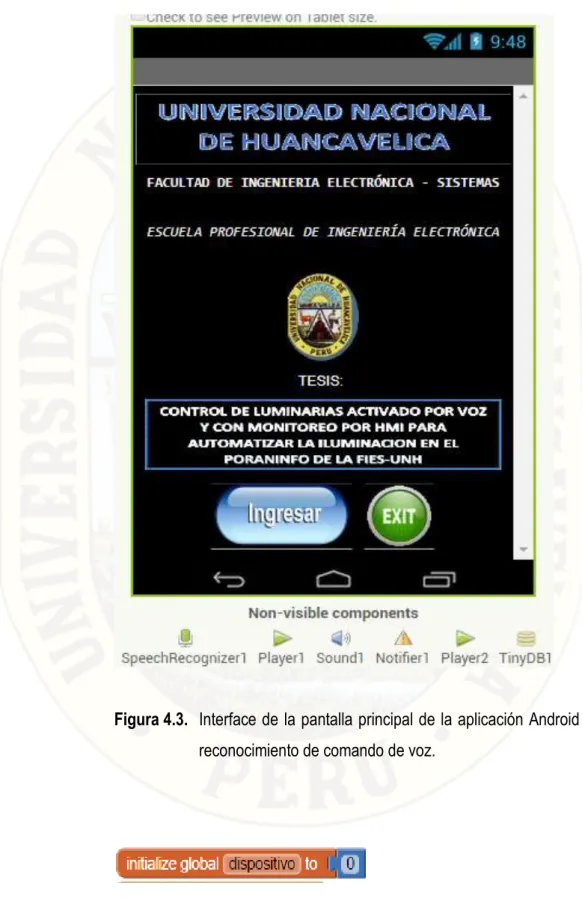 Figura 4.3.   Interface de la pantalla principal de la aplicación Android de  reconocimiento de comando de voz