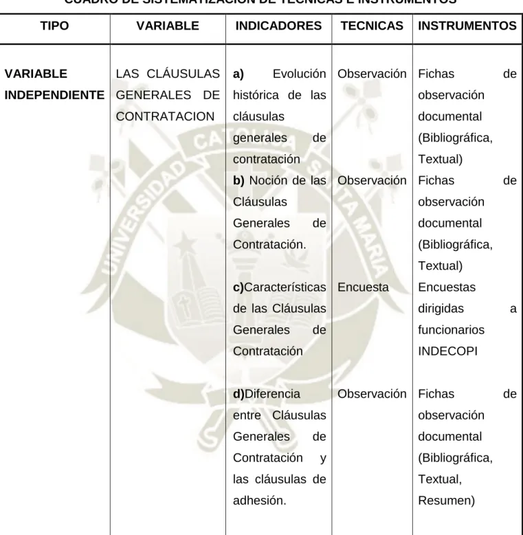 CUADRO DE SISTEMATIZACION DE TECNICAS E INSTRUMENTOS 