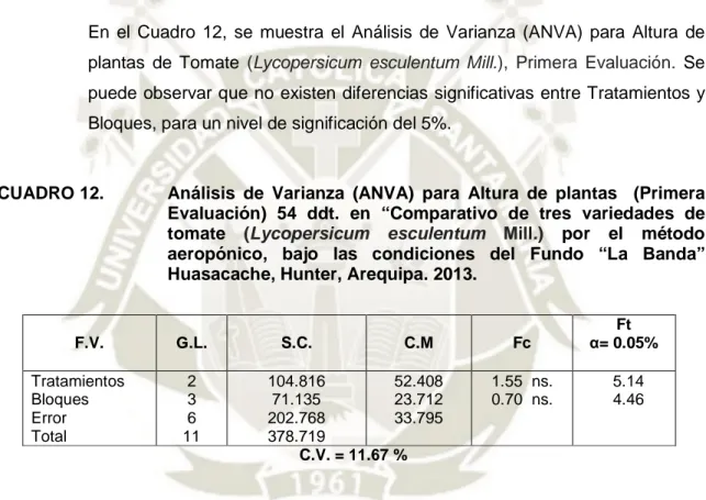CUADRO 12.   Análisis  de  Varianza  (ANVA)  para  Altura  de  plantas    (Primera  Evaluación)  54  ddt