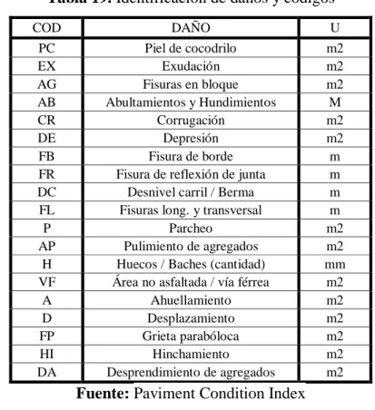 Tabla 19. Identificación de daños y códigos 
