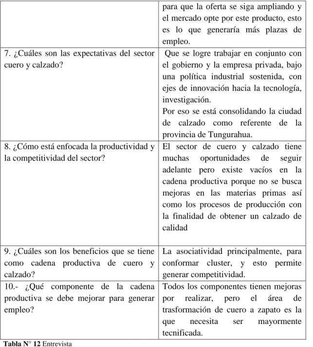 Tabla N° 12 Entrevista  