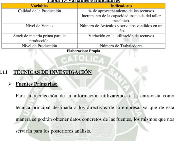 Tabla 1.- Variables e Indicadores 