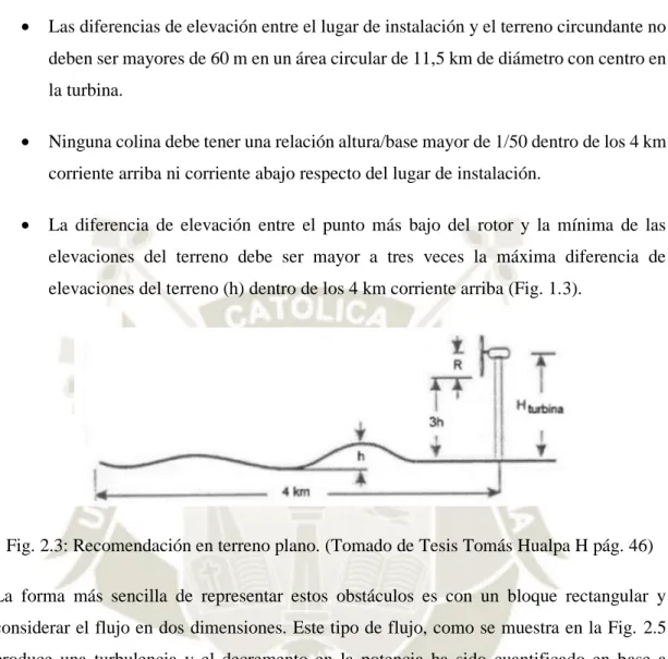 Fig. 2.3: Recomendación en terreno plano. (Tomado de Tesis Tomás Hualpa H pág. 46) La  forma  más  sencilla  de  representar  estos  obstáculos  es  con  un  bloque  rectangular  y considerar el flujo en dos dimensiones