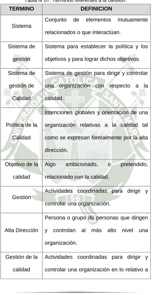 Tabla N°07: Términos referentes a la Gestión. 