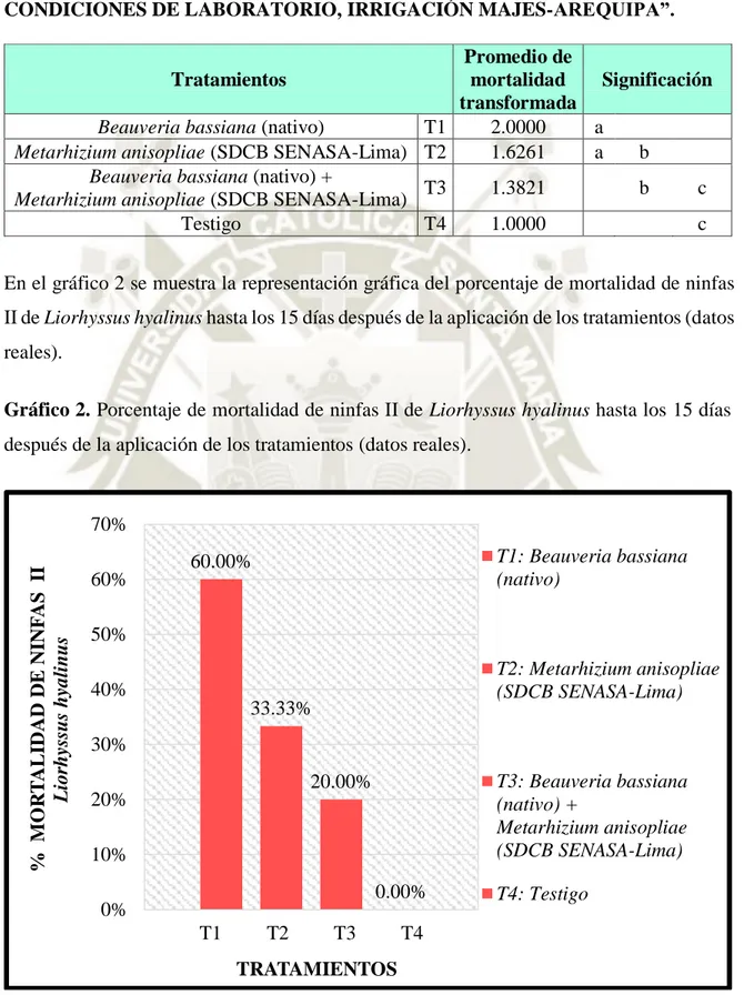 Gráfico 2. Porcentaje de mortalidad de ninfas II de Liorhyssus hyalinus hasta los 15 días  después de la aplicación de los tratamientos (datos reales)