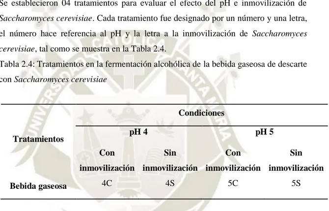 Tabla 2.4: Tratamientos en la fermentación alcohólica de la bebida gaseosa de descarte  con Saccharomyces cerevisiae 
