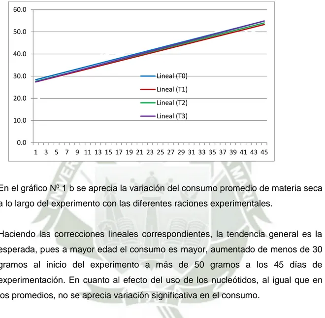 Gráfico N° 1 b: Variación del consumo promedio de materia seca a los largo  del experimento en cuyes  alimentados con los diferentes niveles de 