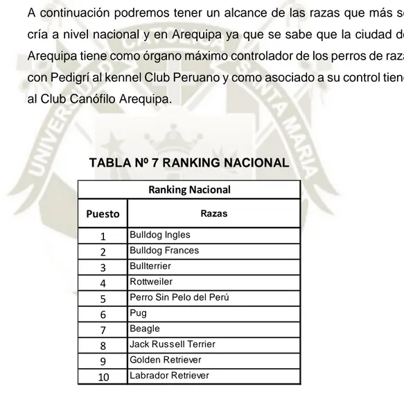 TABLA Nº 7 RANKING NACIONAL 