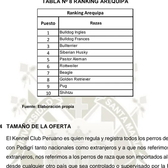 TABLA Nº 8 RANKING AREQUIPA 