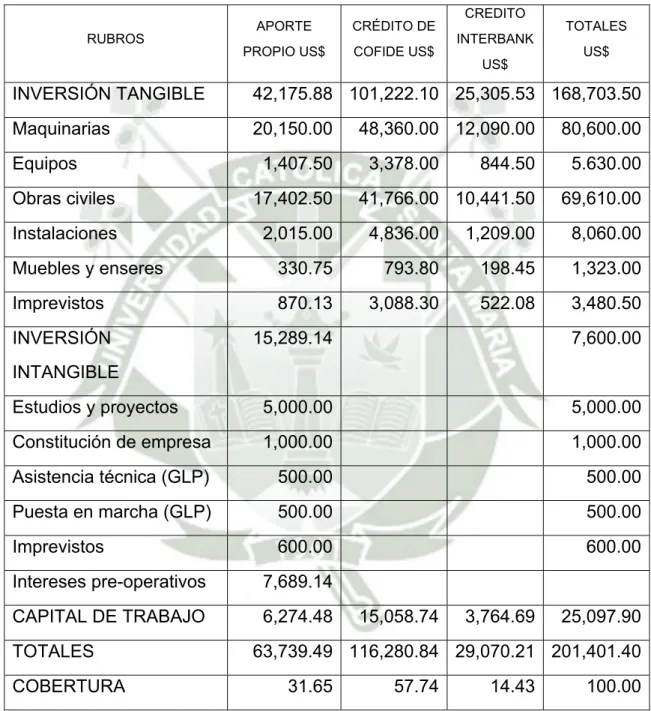 TABLA Nº 09. ESTRUCTURA FINANCIERA DEL PROYECTO 