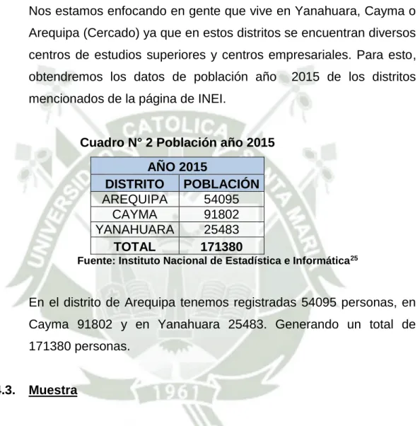 Cuadro N° 2 Población año 2015  AÑO 2015  DISTRITO  POBLACIÓN  AREQUIPA  54095  CAYMA  91802  YANAHUARA  25483  TOTAL  171380 