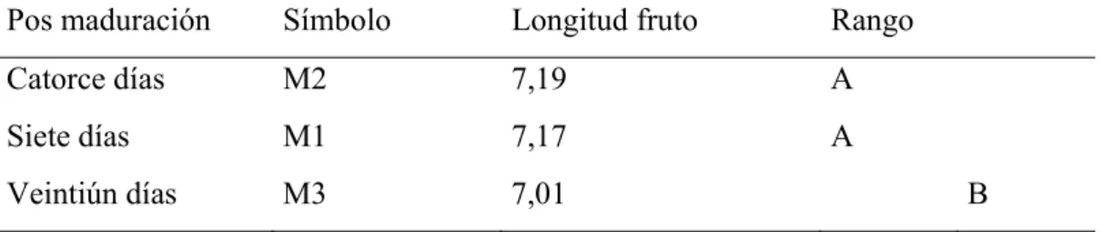 CUADRO 15.  PRUEBA DE DUNCAN AL 5% PARA POS MADURACIÓN EN  LONGITUD DEL FRUTO. 