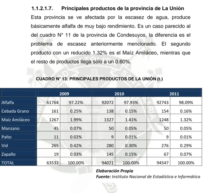 CUADRO N° 13: PRINCIPALES PRODUCTOS DE LA UNIÓN (t.) 