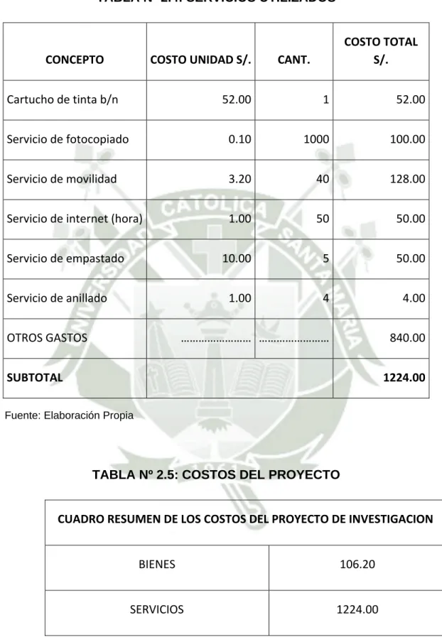 TABLA Nº 2.5: COSTOS DEL PROYECTO