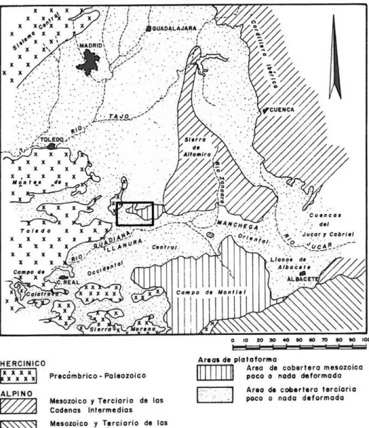 Fig. 1.- Situación del área estudiada dentro de la Submeseta Meridional. Esquema simplifica- simplifica-do del de A