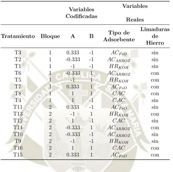 Tabla 2.2: Matriz Experimental Aleatorizada para la Evaluación de la Adsorción de con- con-taminantes de Biogás Variables Codificadas Variables Reales