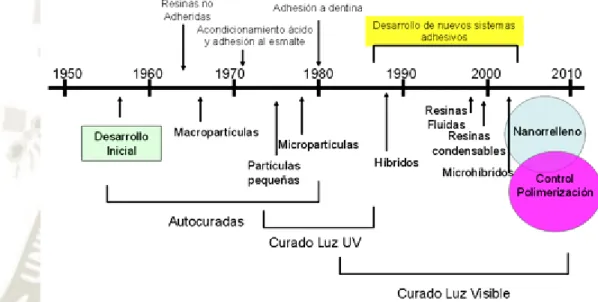 Figura 1 Cronología del desarrollo de las resinas compuestas de acuerdo a las partículas, sistemas de polimerización y tecnología  adhesiva disponible