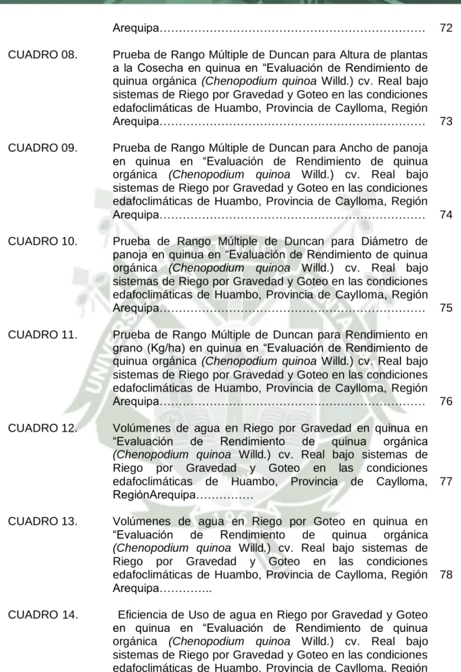 CUADRO 09.   Prueba de Rango Múltiple de Duncan para Ancho de panoja  en  quinua  en  “Evaluación  de  Rendimiento  de  quinua  orgánica  (Chenopodium  quinoa  Willd.)  cv