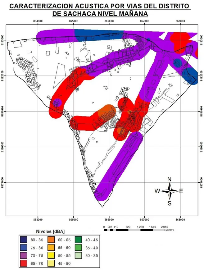 Figura 4: Mapa de ruido Distrito de Sachaca periodo mañana  Fuente: Elaboración propia 