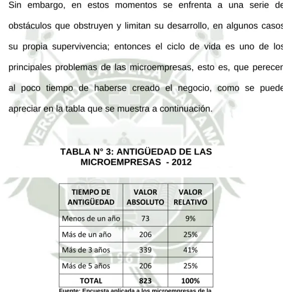 TABLA N° 3: ANTIGÜEDAD DE LAS   MICROEMPRESAS  - 2012  