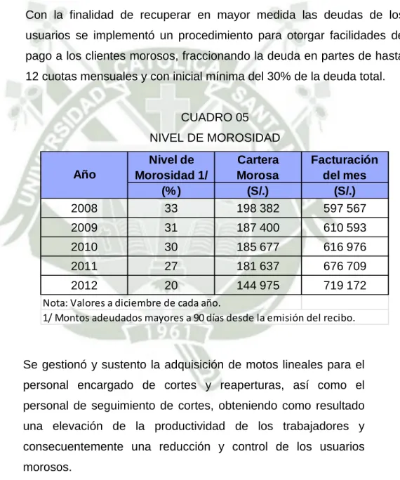 CUADRO 05  NIVEL DE MOROSIDAD 