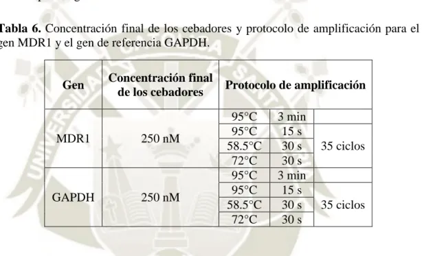 Tabla 6. Concentración final de los cebadores  y protocolo de amplificación para el  gen MDR1 y el gen de referencia GAPDH
