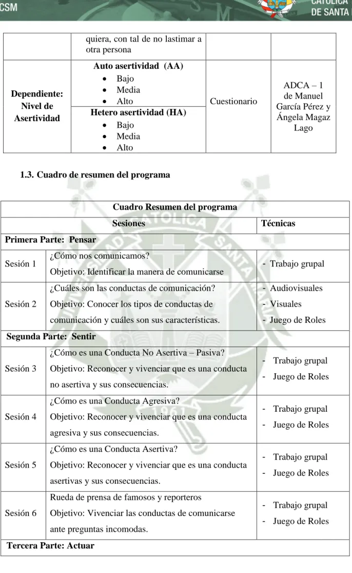 Cuadro Resumen del programa 