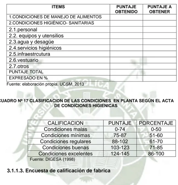 CUADRO Nº 17 CLASIFICACION DE LAS CONDICIONES  EN PLANTA SEGÚN EL ACTA  DE CONDICIONES HIGIENICAS 