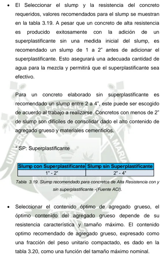 Tabla  3.19. Slump recomendado para concretos de Alta Resistencia con y  sin superplastificante -(Fuente ACI).