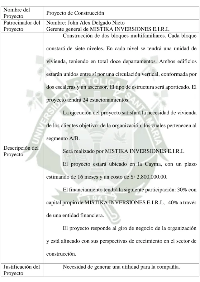 Tabla Nro 8: Acta de Constitución del Proyecto 