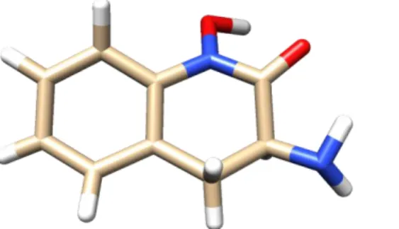 Figura  4.3:   Fármaco   (3S)-amino-1-hidroxi-3,4-dihidroquinolin-2(1H)-ona   vi-  sualizado  en  Chimera  y  Gauss  View,  tras  la  dinámica