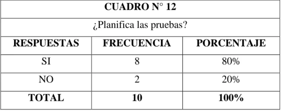 CUADRO N° 12  ¿Planifica las pruebas? 