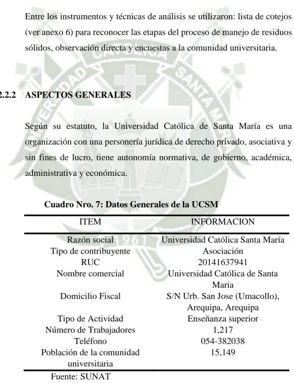 Cuadro Nro. 7: Datos Generales de la UCSM 