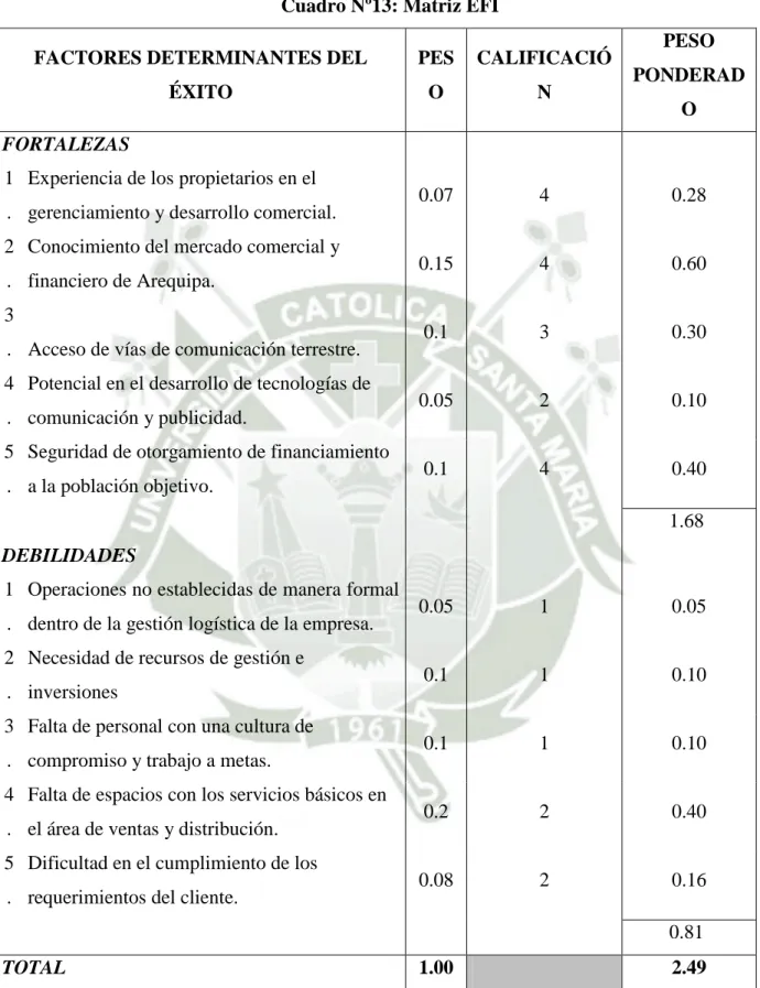 Cuadro Nº13: Matriz EFI  FACTORES DETERMINANTES DEL 