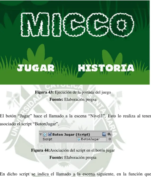 Figura 44:Asociación del script en el botón jugar  Fuente: Elaboración propia 