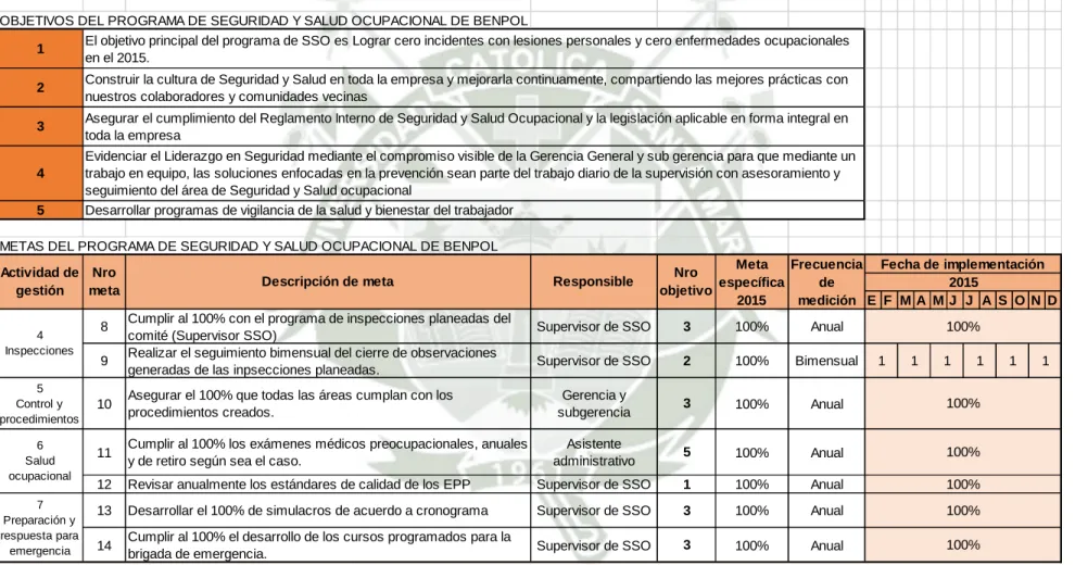 Cuadro 5.4 Objetivos y metas del programa de SSO de Benpol (continuación) 