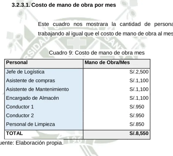 Cuadro 9: Costo de mano de obra mes 