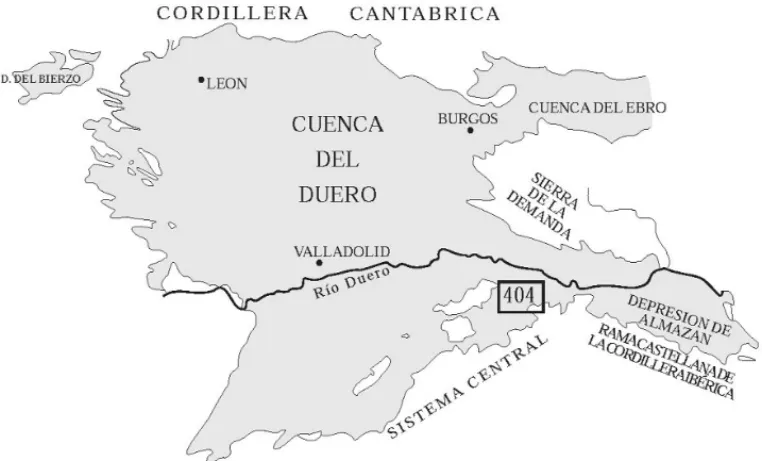Fig. 1.- Esquema de situación de la Hoja de Ayllón (404) en el contexto de la Cuenca del Duero.