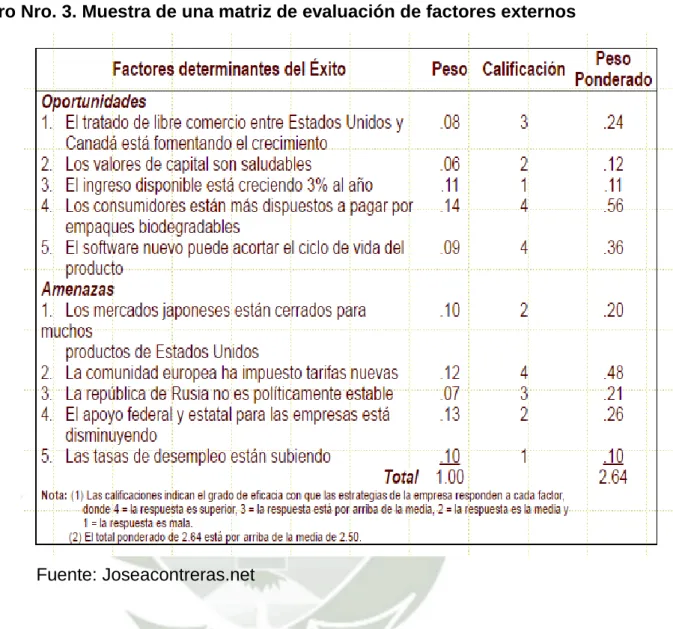 Cuadro Nro. 3. Muestra de una matriz de evaluación de factores externos 