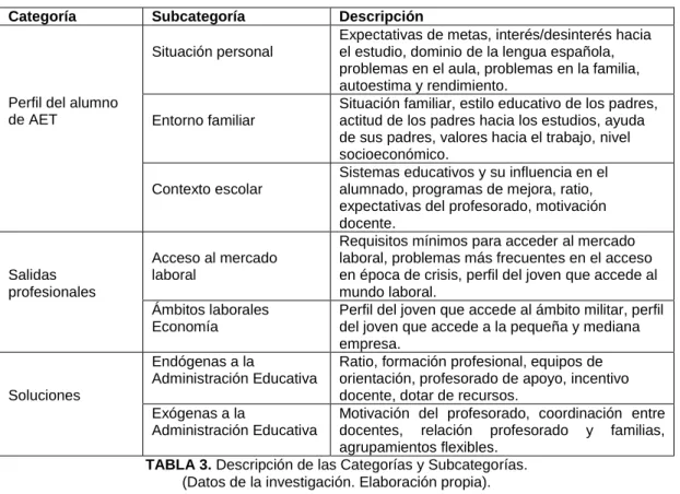 TABLA 3. Descripción de las Categorías y Subcategorías.  
