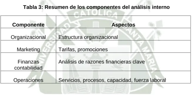 Tabla 3: Resumen de los componentes del análisis interno 