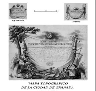Fig. 8. detalles de las cartelas con forma de lienzo desplegado, pertenecientes a los mapas topográficos del lugar de Huétor Vega, Ambroz (1820) y Granada (1819).