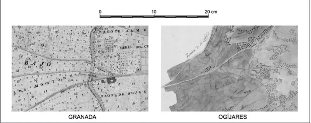 Fig. 12. detalle del uso de la tipografía en los mapas topográficos de Granada (1819) y Ogíjares (1820)
