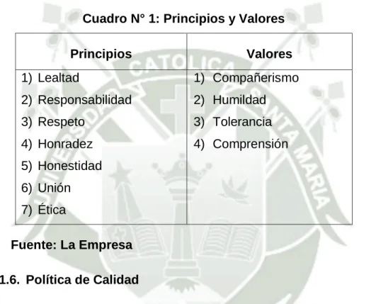 Cuadro N° 1: Principios y Valores 