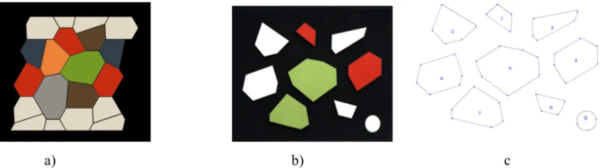 Fig. 5 a) Reference image of a mosaic design or map used to carry out this experiment; b) objects to match, and  c) relevant points considered to describe the pieces contained in b)