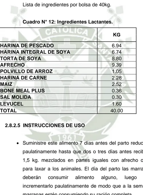 Cuadro N° 12: Ingredientes Lactantes. 