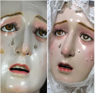 Fig. 10. Fotos de comparación. Estado de  conservación de la cara de la Virgen antes  de la actuación sobre la policromía con  levantamientos, pérdidas y añadidos