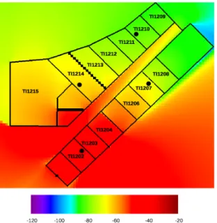 Figure 2: RSSI map generated using the radiosity method. WAP was located at office TI1202.