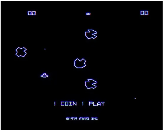 Figure 7: This image shows the game Asteroids with that glow and chromatic aberration characteristic  of tube screens